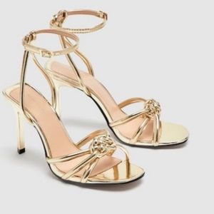 Zara Gold Pumps Knotted Strappy Heeled Sandals